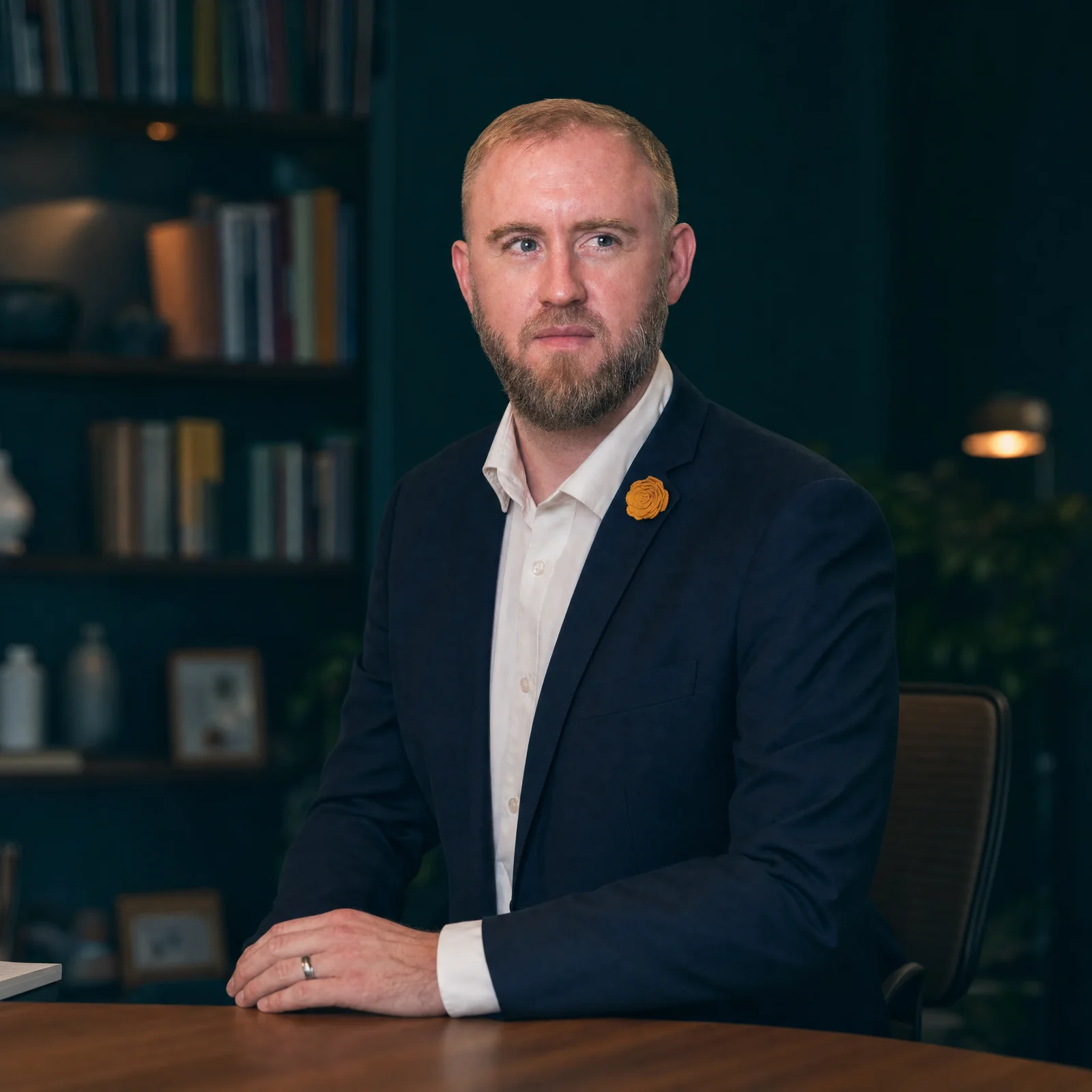 Ryan Ballantyne in a teal-toned library, seated, gaze off-camera