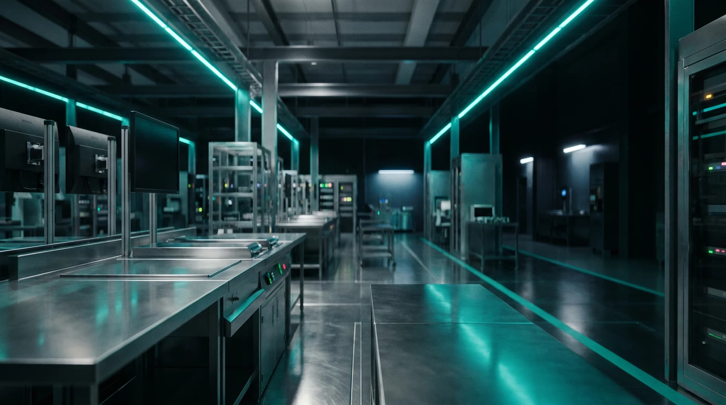 Pharmaceutical manufacturing facility with teal ceiling strips