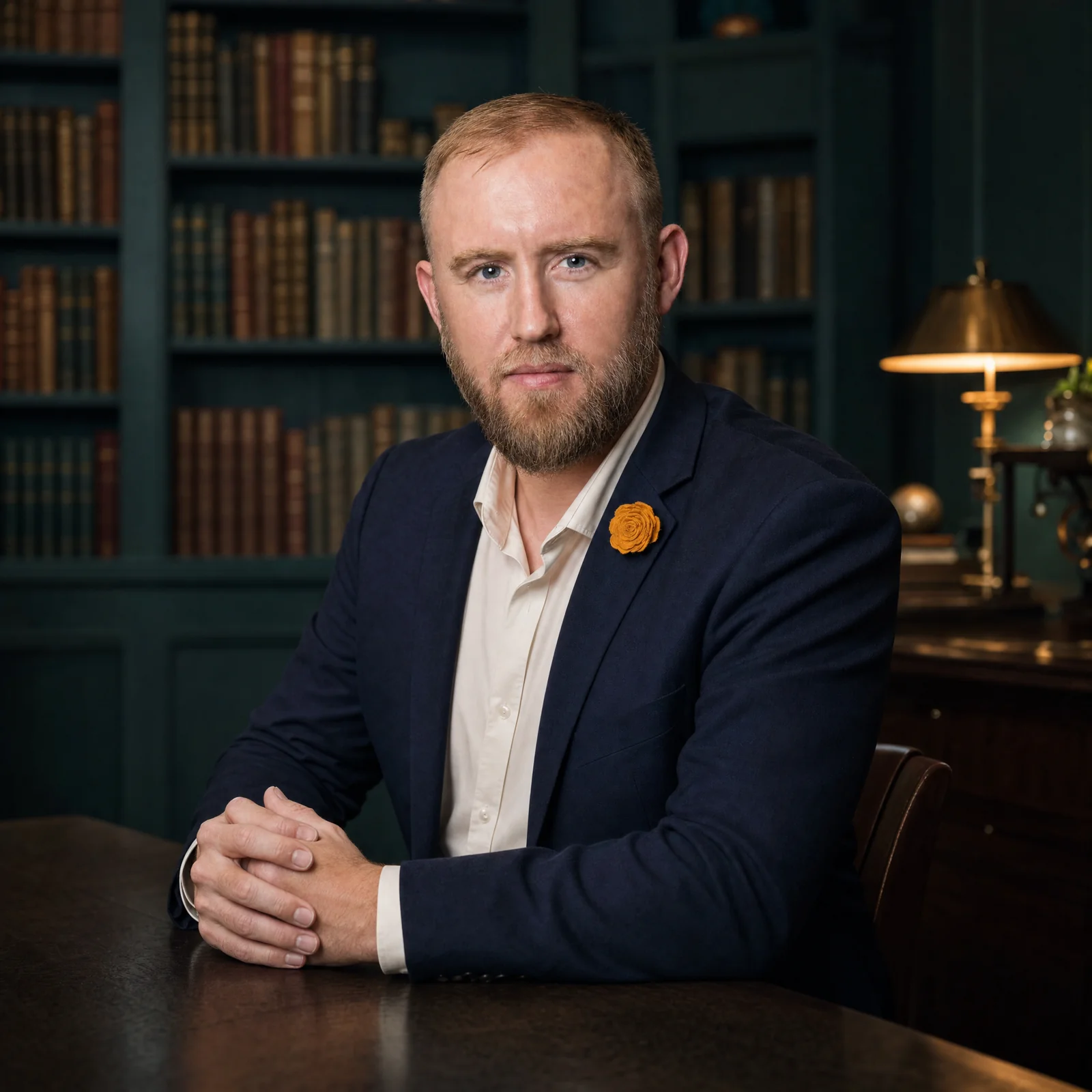 Ryan Ballantyne in a teal library, hands clasped, brass desk lamp